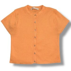 ZARA Ribbed Cardigan Sweater Women's M Orange Rhinestone Short Sleeve